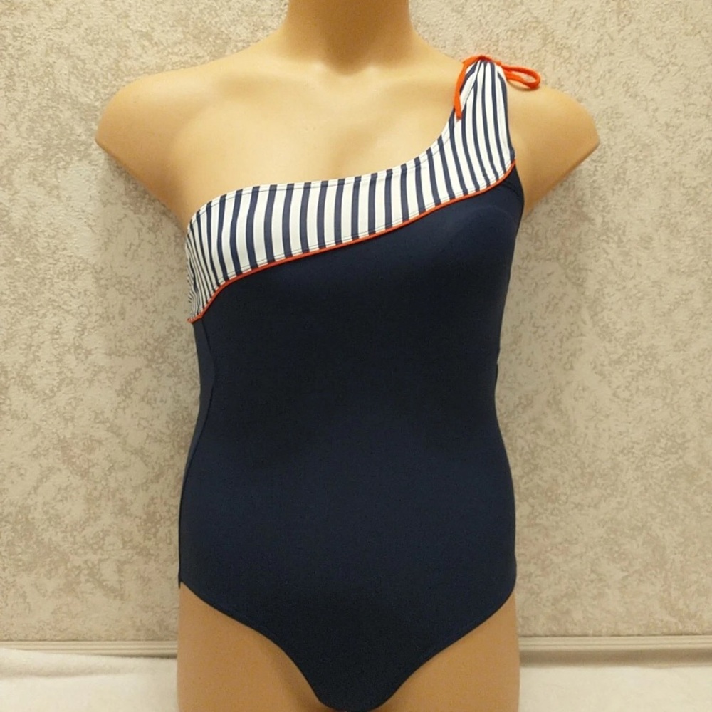 Chic One-Shoulder Navy Striped Swim One Piece